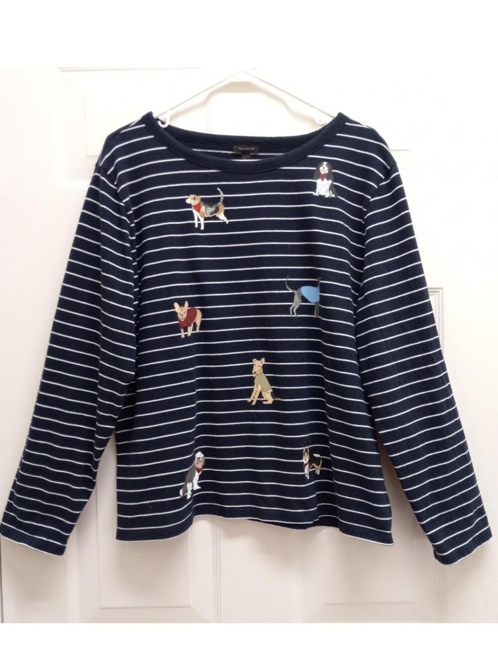 Talbots Long Sleeve Stripe Shirt Dog Print XL Navy Blue Preppy Nautical Novelty